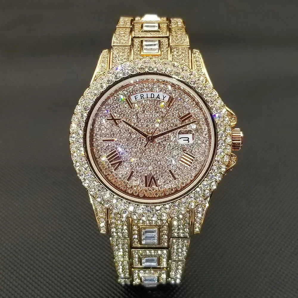 Luxury Day Date Iced Out Watch for Men | Hip Hop Rap Singer Wristwatch | West Coast Street Style Bling Jewelry Clock | Quartz Watch | Caratix - CaratixJewelry